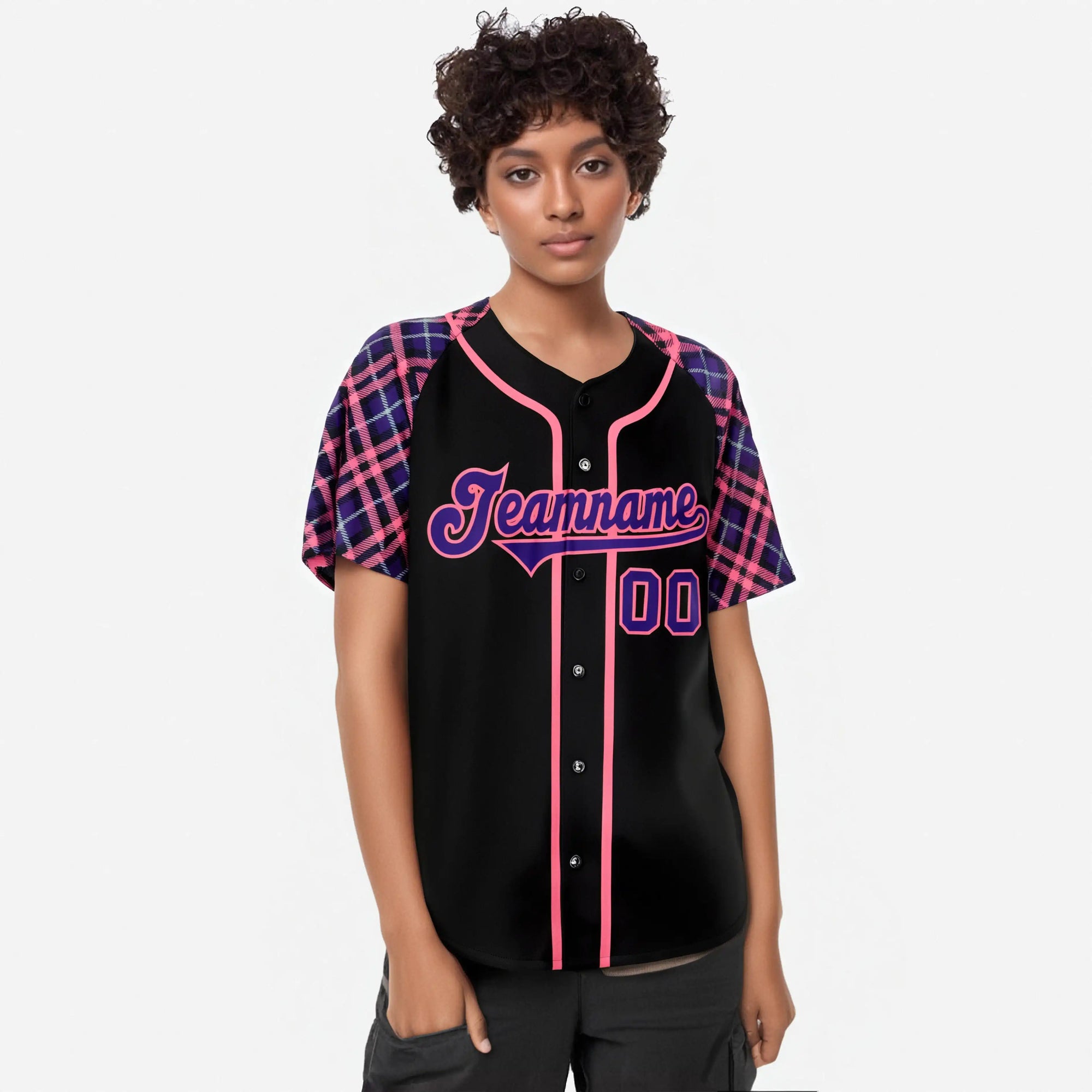 Custom Black Purple-Pink Authentic Plaid sleeve Baseball Jersey