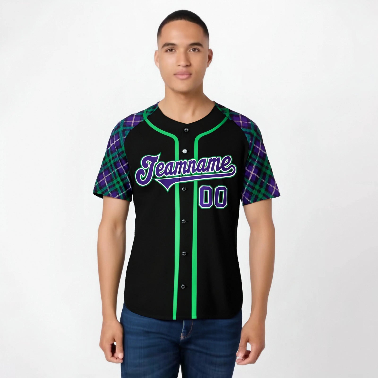 Custom Black Purple-Green Authentic Plaid sleeve Baseball Jersey