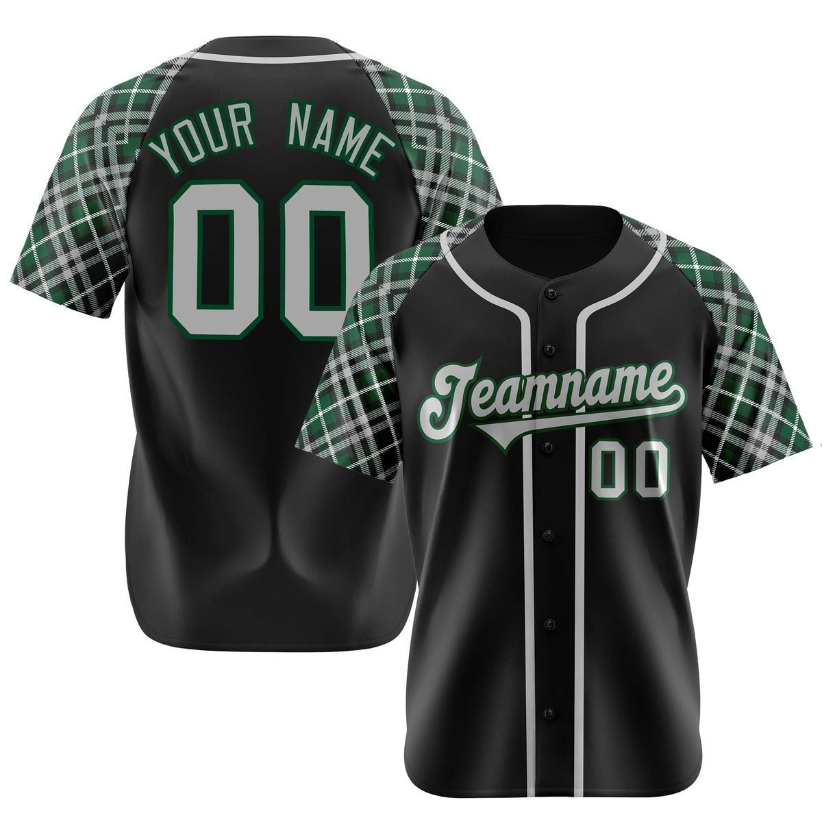 Custom Black Gray-Green Authentic Plaid sleeve Baseball Jersey