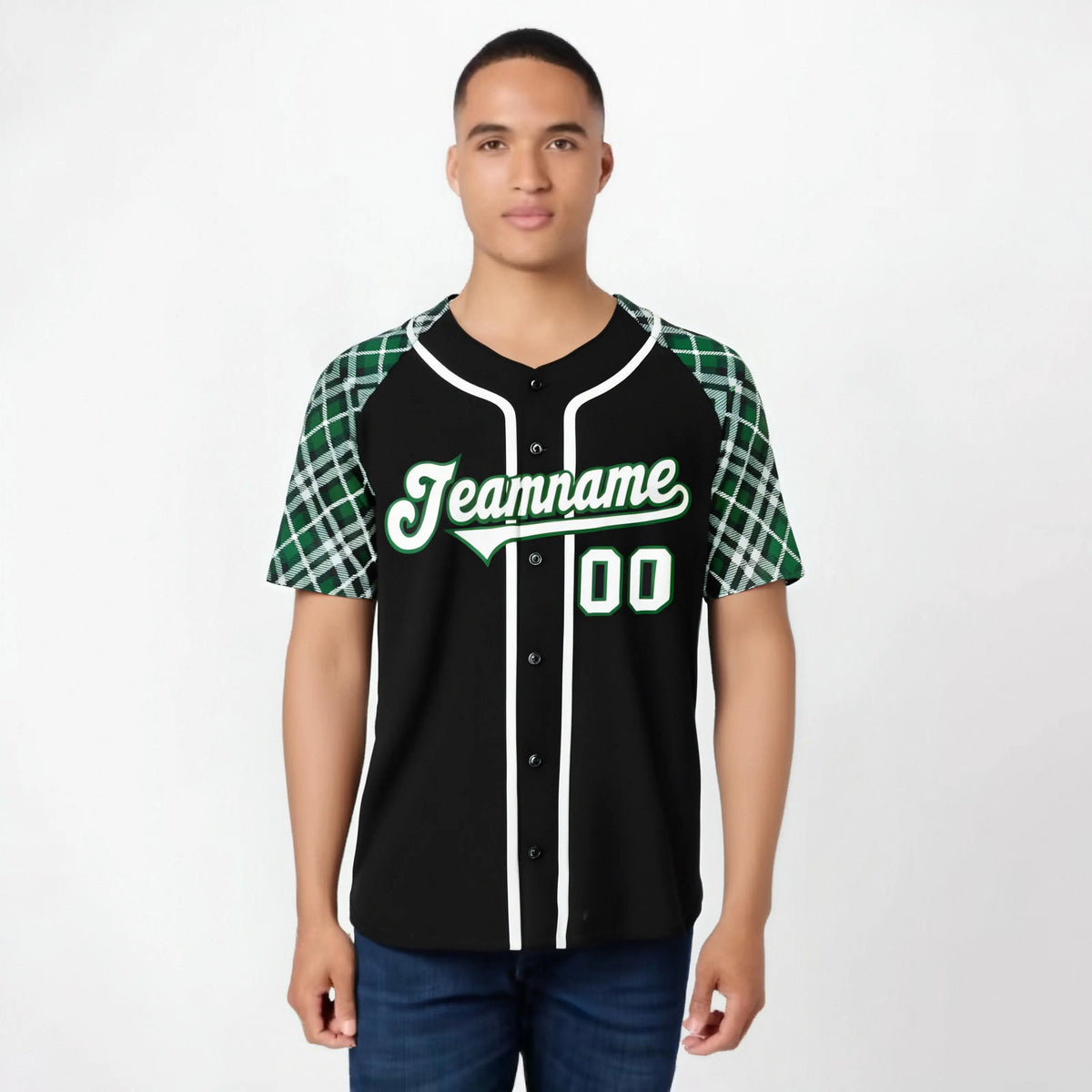 Custom Black Gray-Green Authentic Plaid sleeve Baseball Jersey