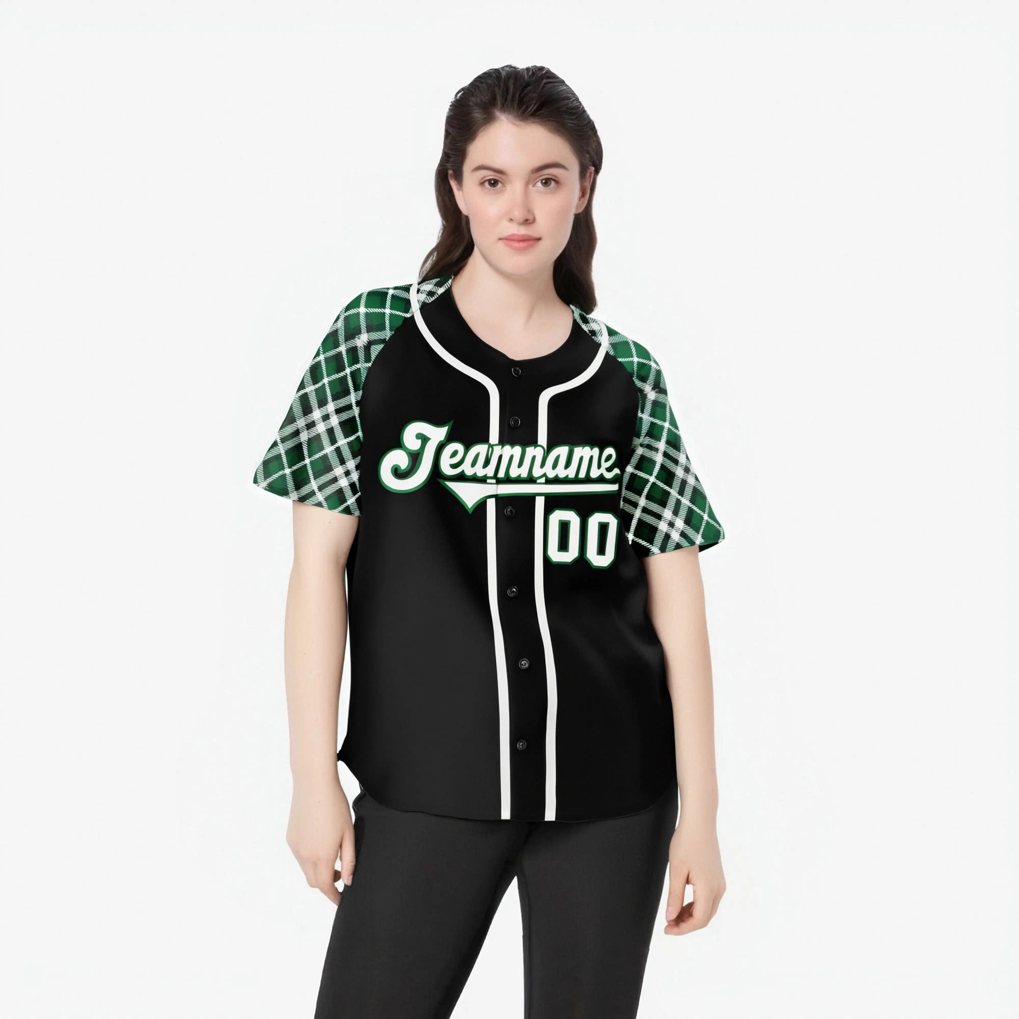Custom Black Gray-Green Authentic Plaid sleeve Baseball Jersey
