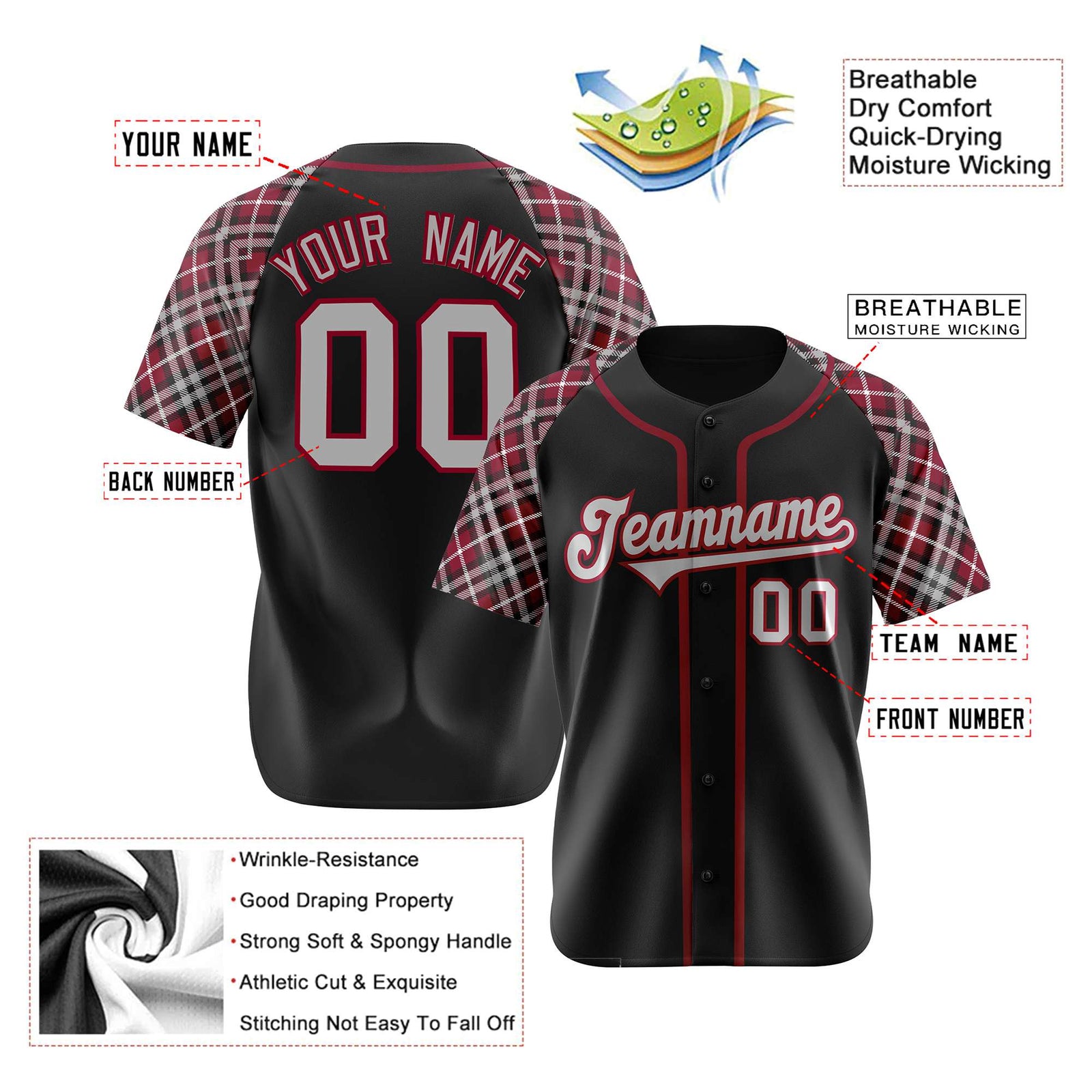 Custom Black Crimson-Gray Authentic Plaid sleeve Baseball Jersey