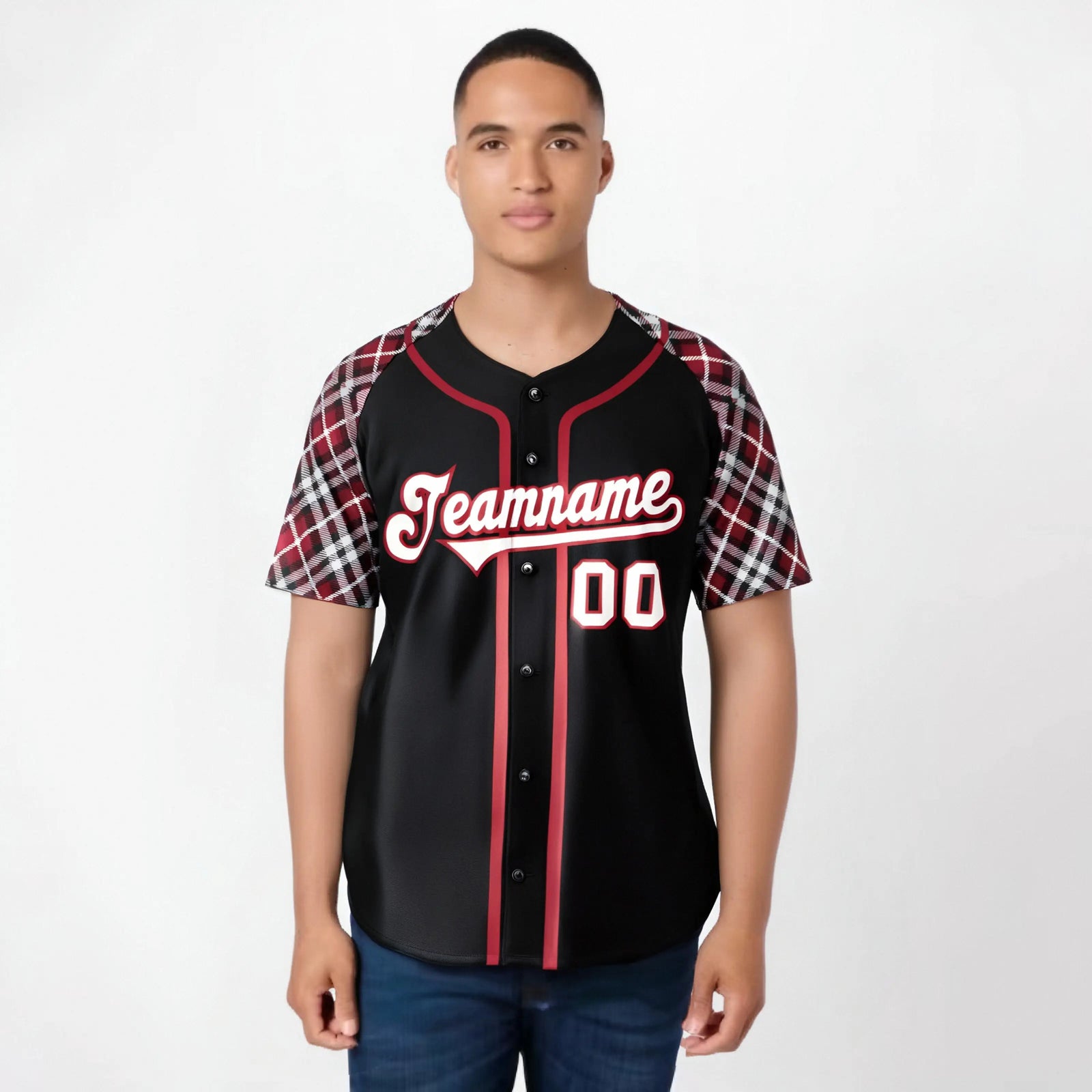 Custom Black Crimson-Gray Authentic Plaid sleeve Baseball Jersey