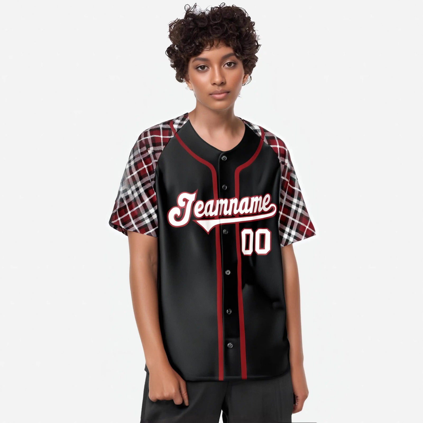 Custom Black Crimson-Gray Authentic Plaid sleeve Baseball Jersey