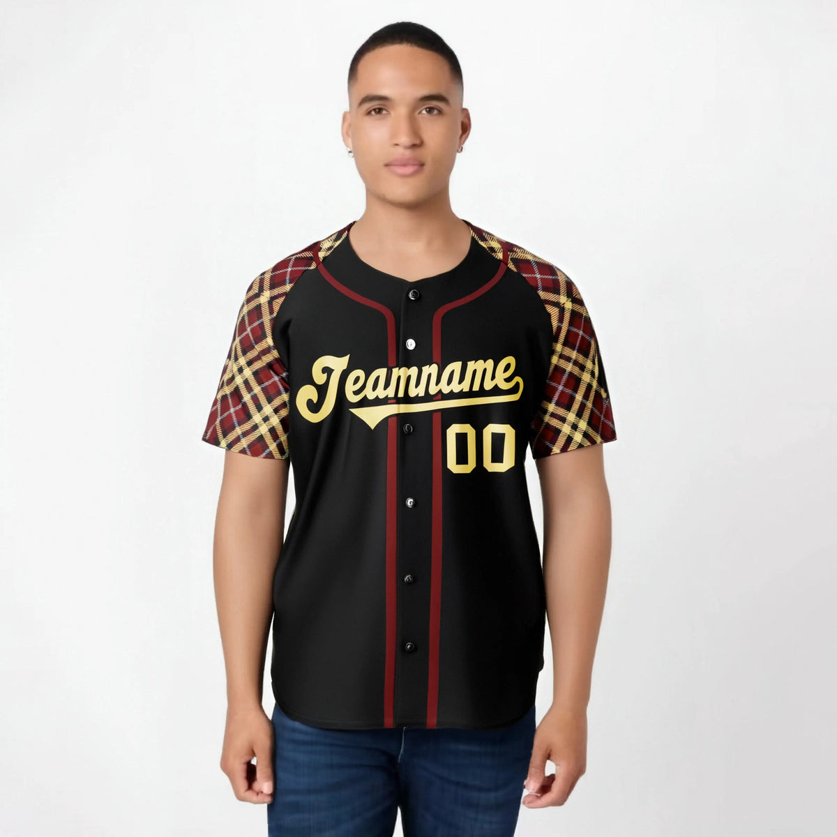 Custom Black Crimson Old-Gold Authentic Plaid sleeve Baseball Jersey