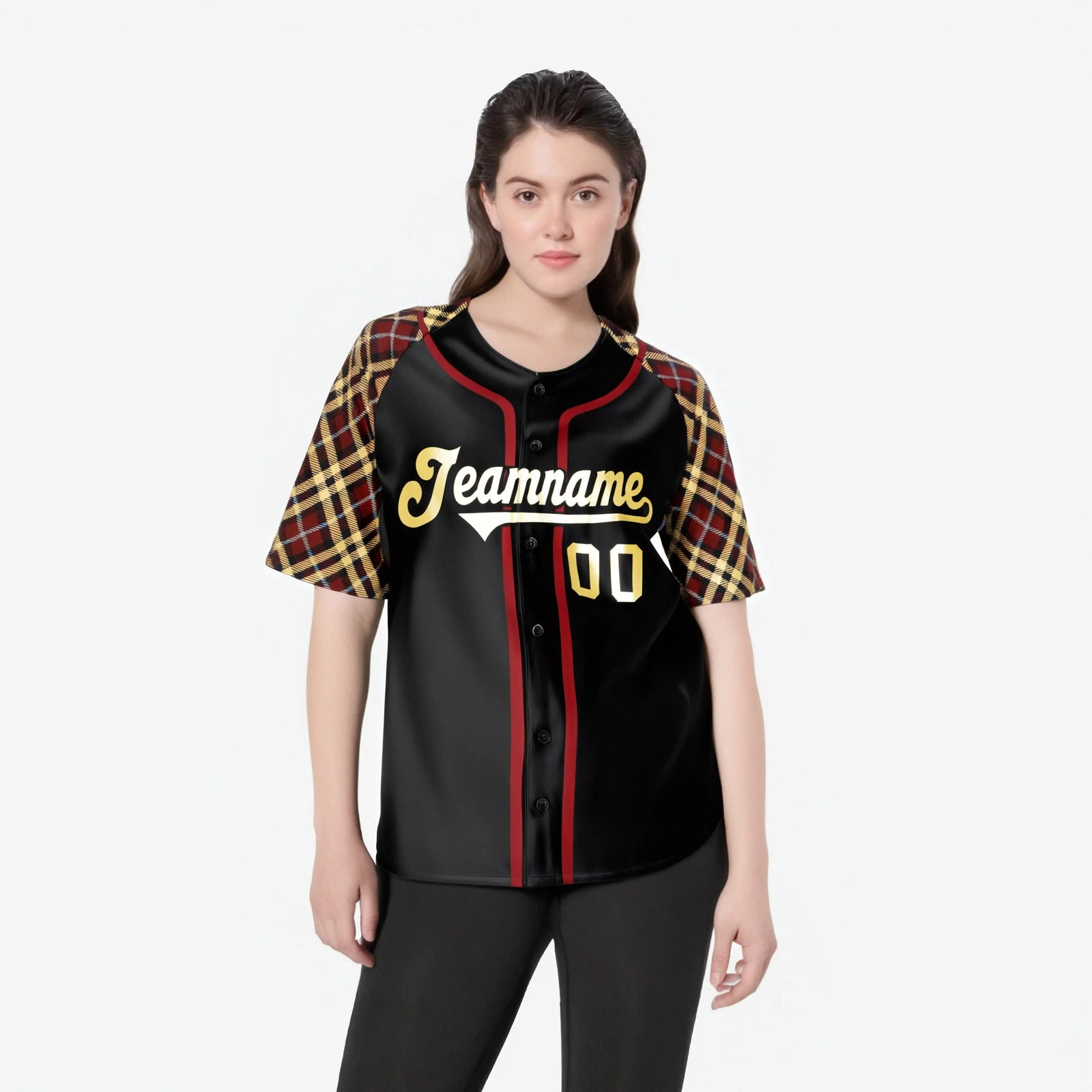 Custom Black Crimson Old-Gold Authentic Plaid sleeve Baseball Jersey