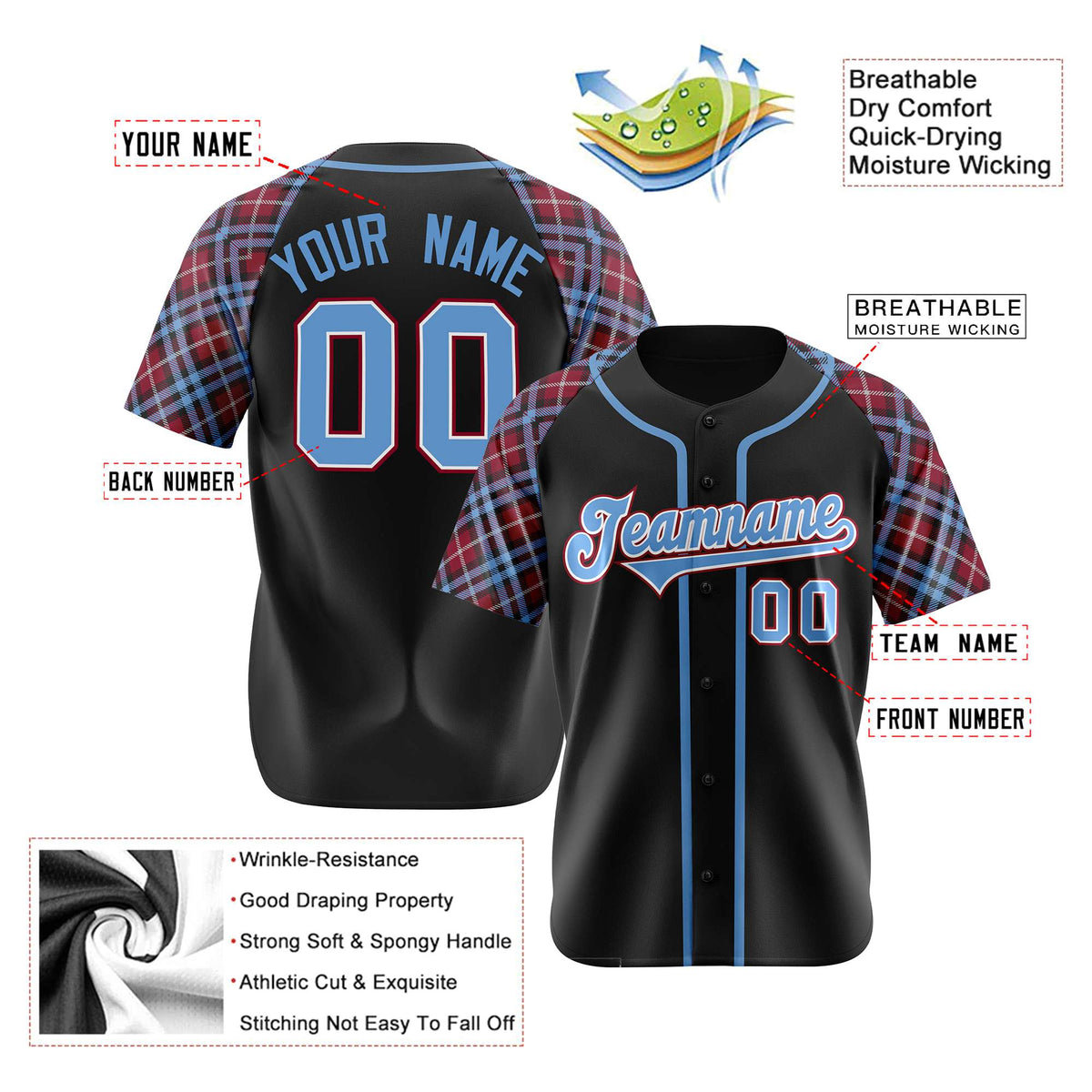 Custom Black Crimson-Blue White Authentic Plaid sleeve Baseball Jersey