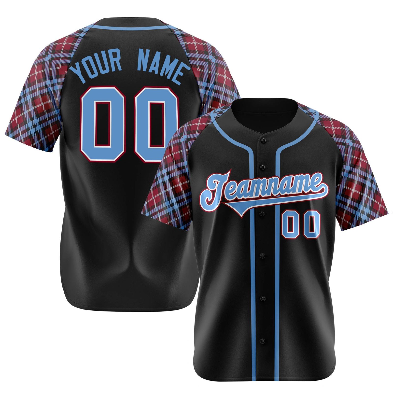 Custom Black Crimson-Blue White Authentic Plaid sleeve Baseball Jersey