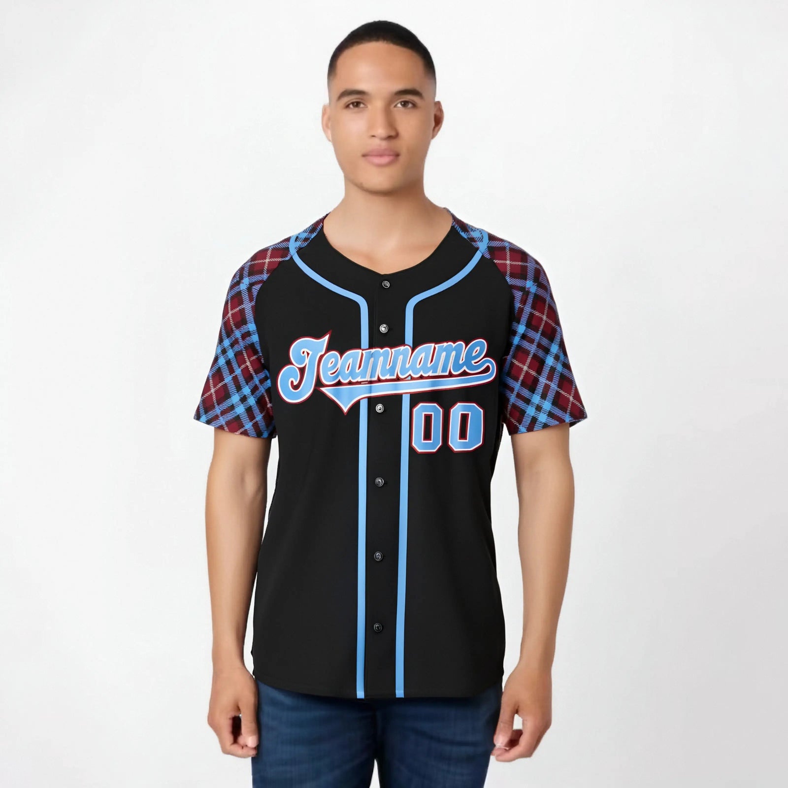 Custom Black Crimson-Blue White Authentic Plaid sleeve Baseball Jersey