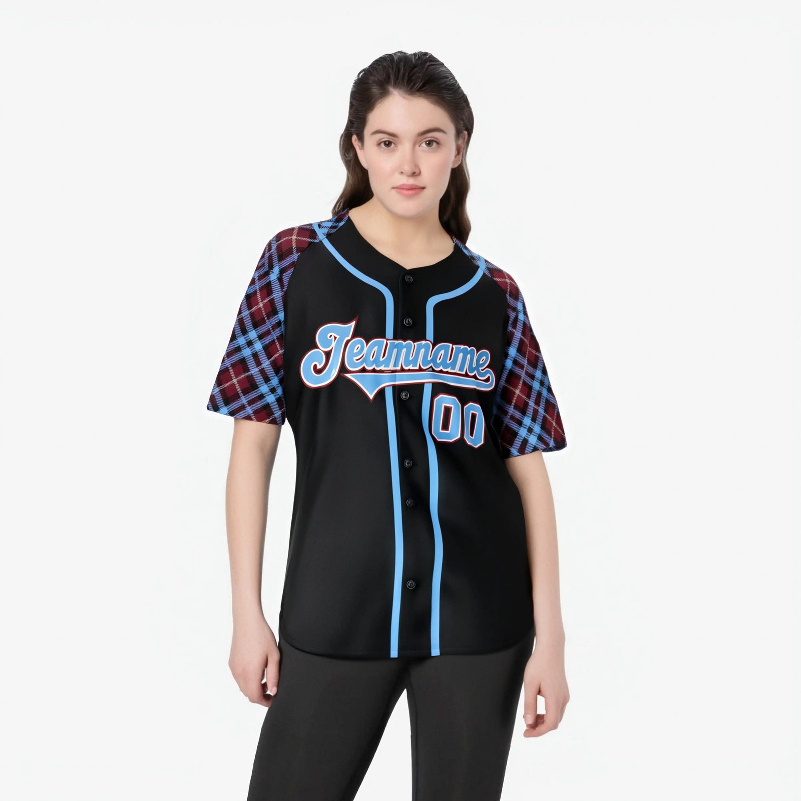 Custom Black Crimson-Blue White Authentic Plaid sleeve Baseball Jersey