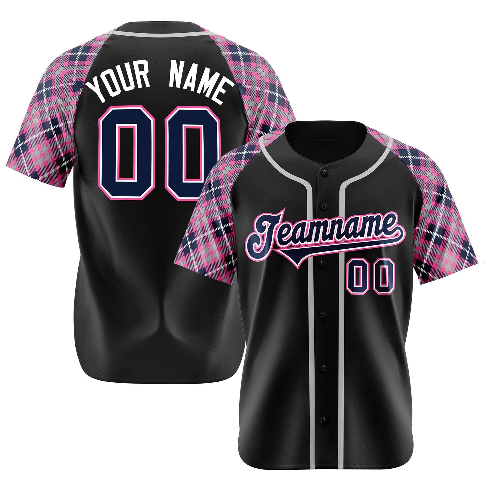 Custom Black Pink-Navy White Authentic Plaid sleeve Baseball Jersey