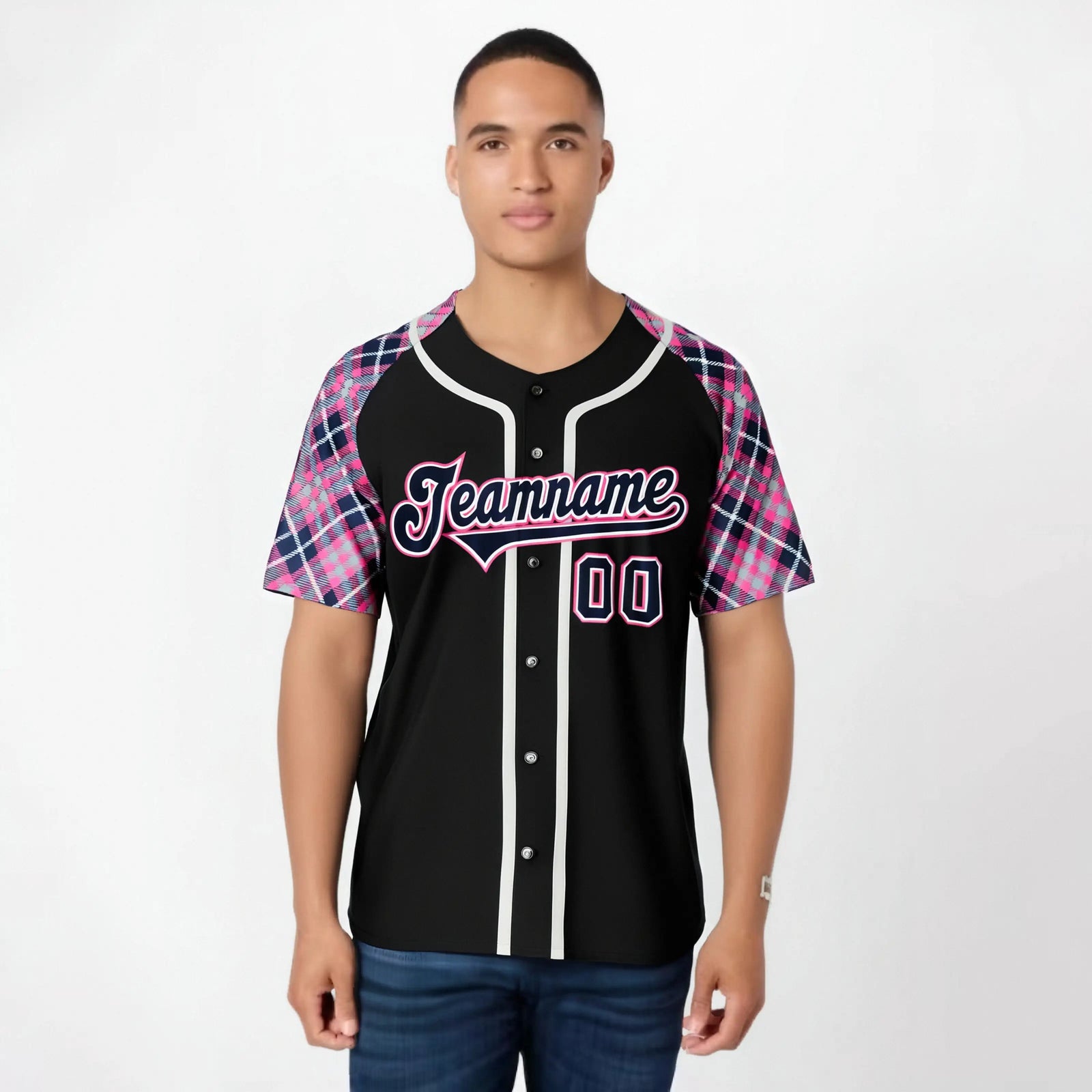 Custom Black Pink-Navy White Authentic Plaid sleeve Baseball Jersey