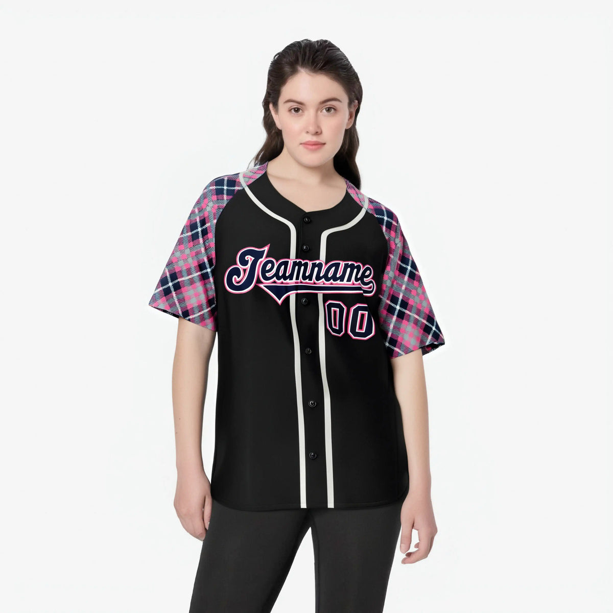 Custom Black Pink-Navy White Authentic Plaid sleeve Baseball Jersey