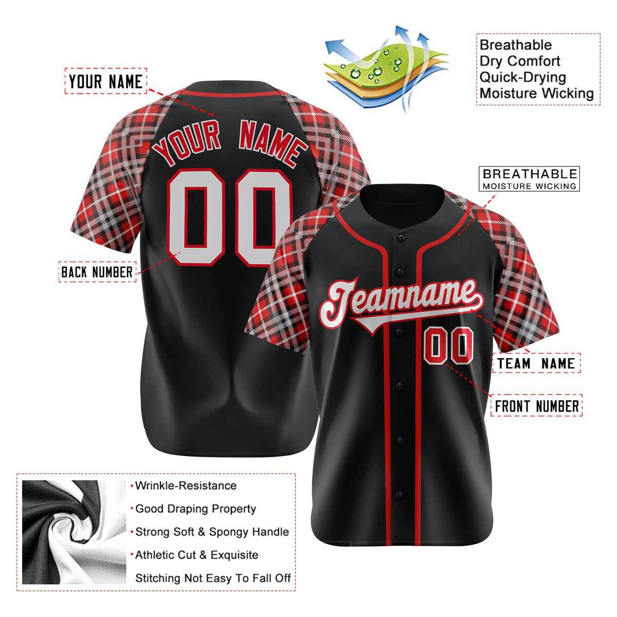 Custom Black Orange-Gray Authentic Plaid sleeve Baseball Jersey