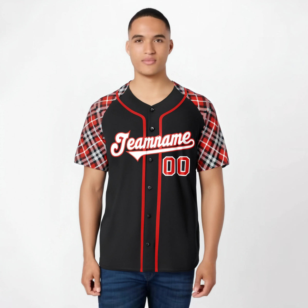 Custom Black Orange-Gray Authentic Plaid sleeve Baseball Jersey