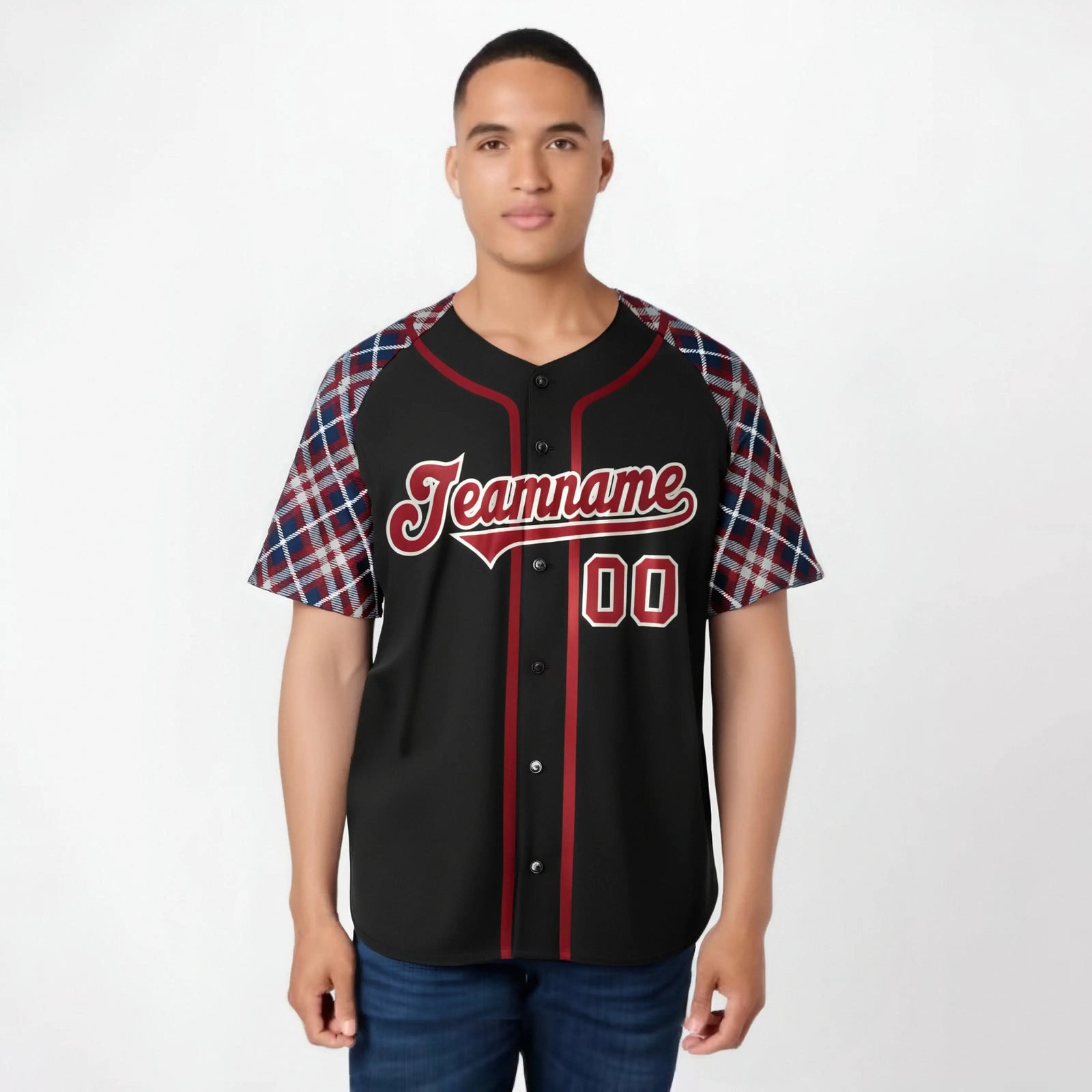 Custom Black Crimson-Gray Navy Authentic Plaid sleeve Baseball Jersey