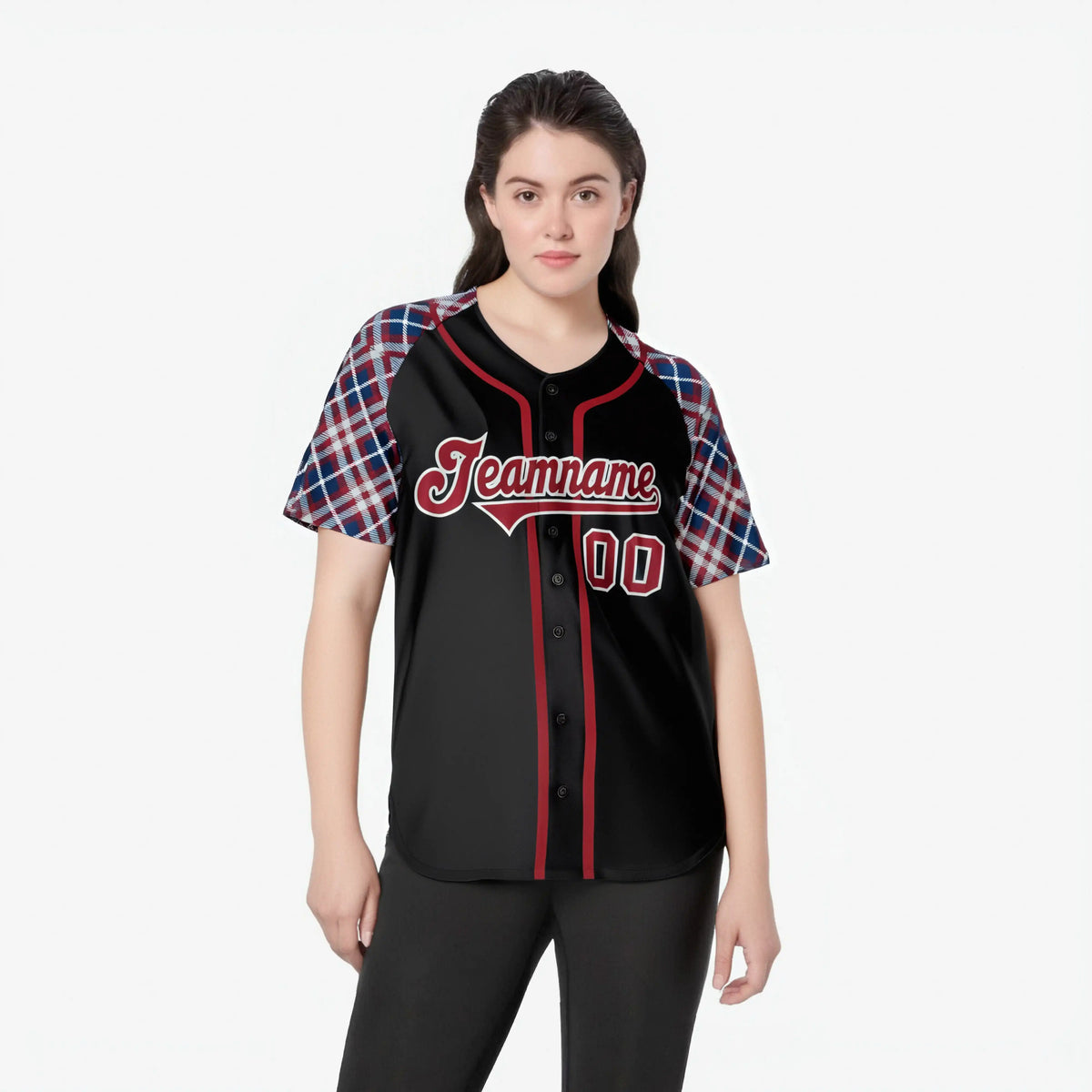 Custom Black Crimson-Gray Navy Authentic Plaid sleeve Baseball Jersey