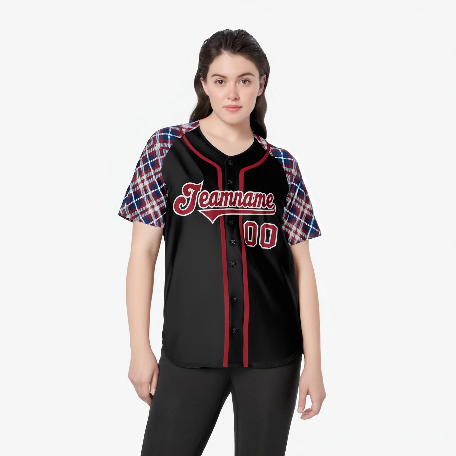 Custom Black Crimson-Gray Navy Authentic Plaid sleeve Baseball Jersey