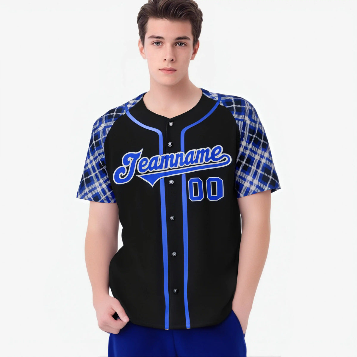 Custom Black Purple-White Authentic Plaid sleeve Baseball Jersey
