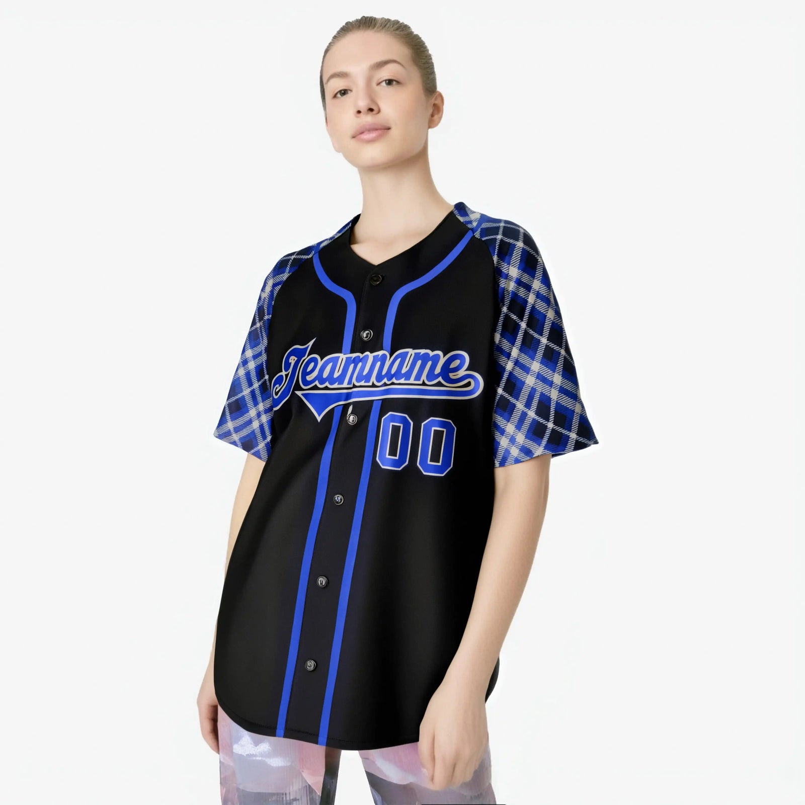 Custom Black Purple-White Authentic Plaid sleeve Baseball Jersey