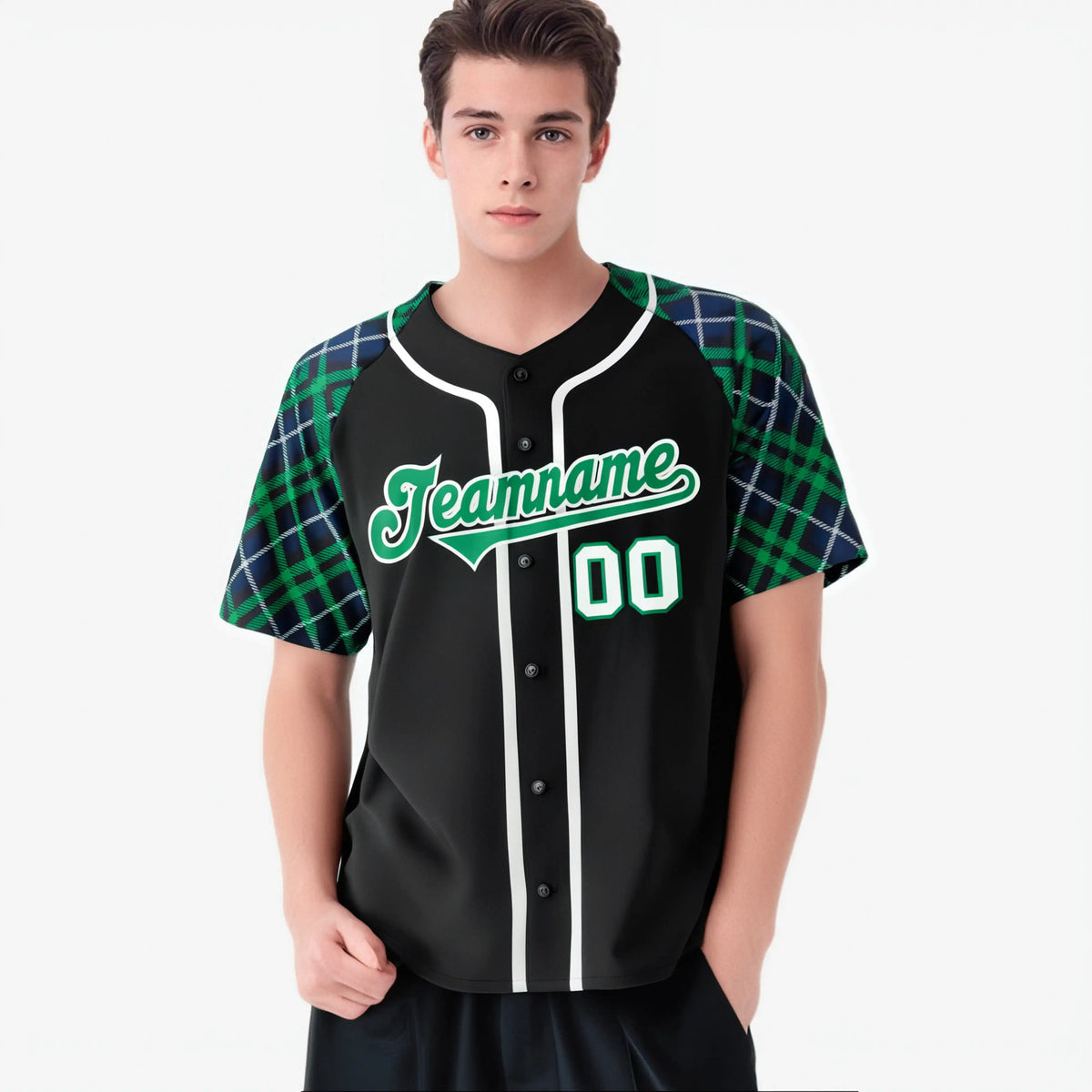 Custom Black Green-Gray Navy Authentic Plaid sleeve Baseball Jersey