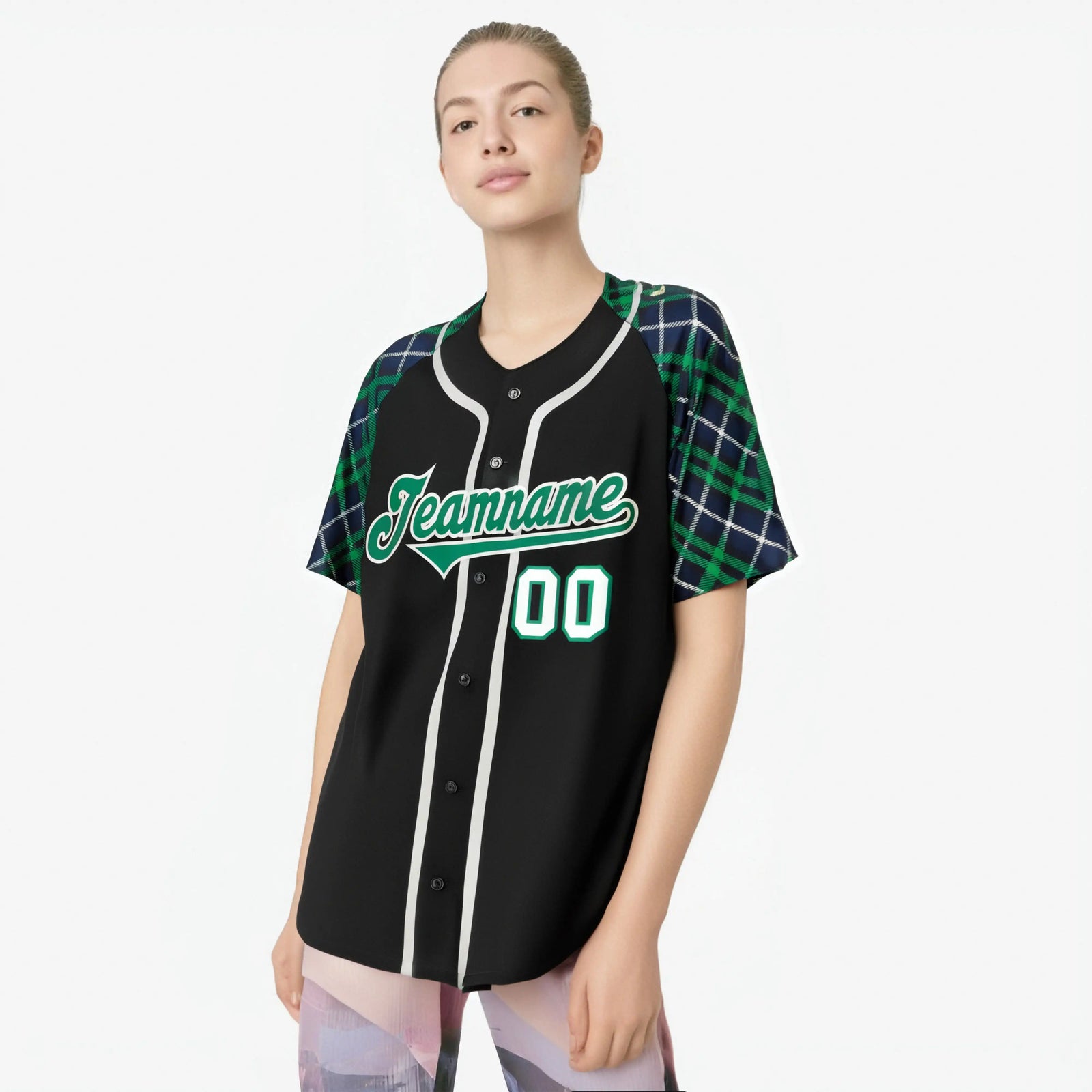 Custom Black Green-Gray Navy Authentic Plaid sleeve Baseball Jersey