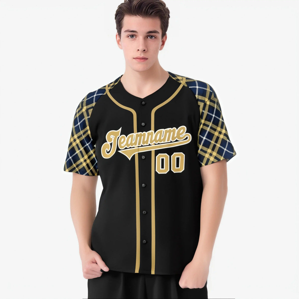 Custom Black Old-Gold White Navy Authentic Plaid sleeve Baseball Jersey