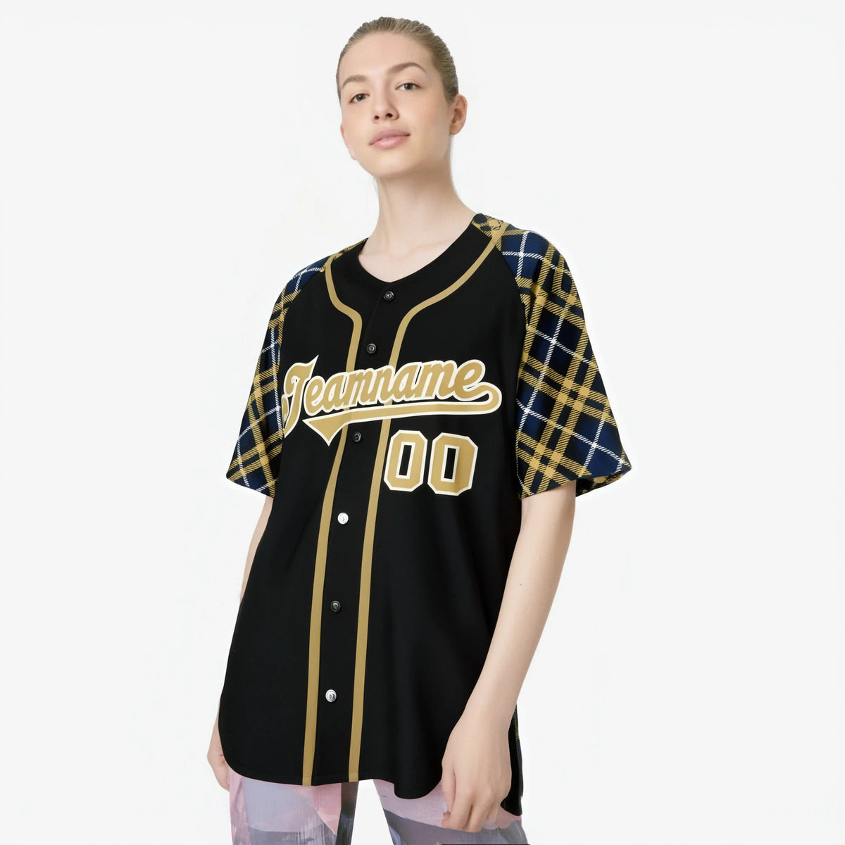 Custom Black Old-Gold White Navy Authentic Plaid sleeve Baseball Jersey