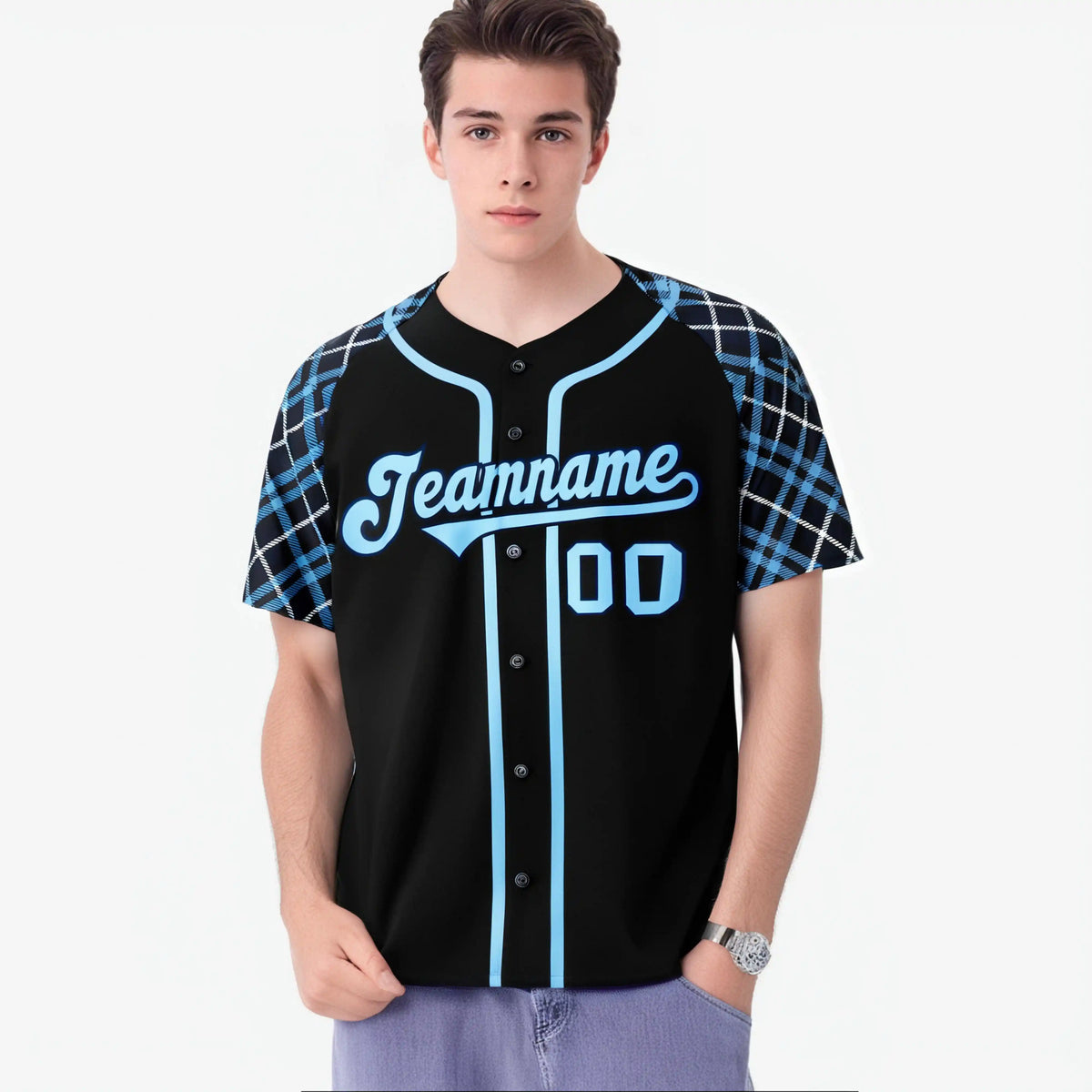 Custom Black Blue Authentic Plaid sleeve Baseball Jersey