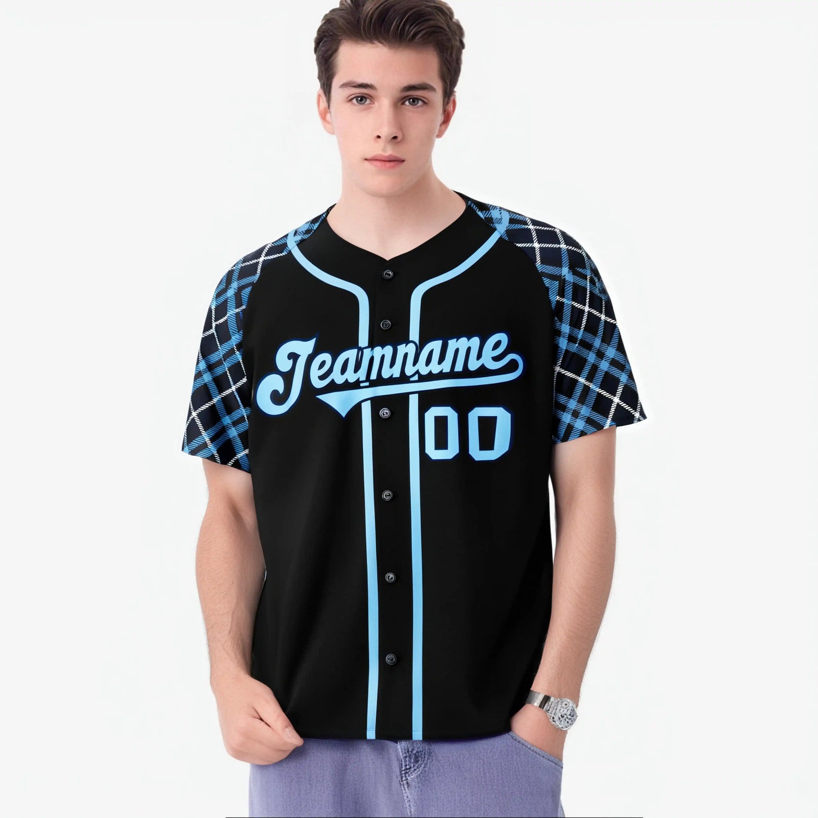 Custom Black Blue Authentic Plaid sleeve Baseball Jersey