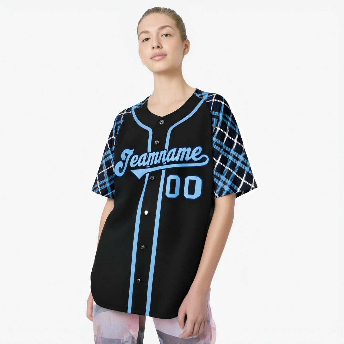 Custom Black Blue Authentic Plaid sleeve Baseball Jersey