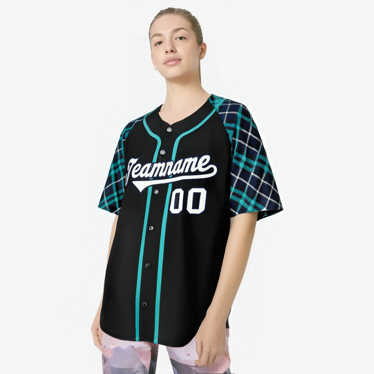 Custom Black Midnight-Green Gray Authentic Plaid sleeve Baseball Jersey