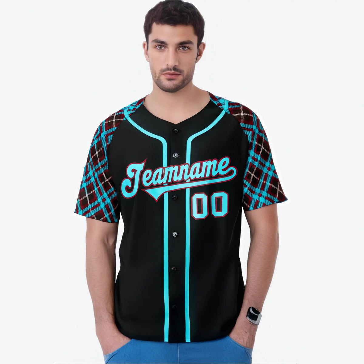 Custom Black Light-Blue Crimson Authentic Plaid sleeve Baseball Jersey