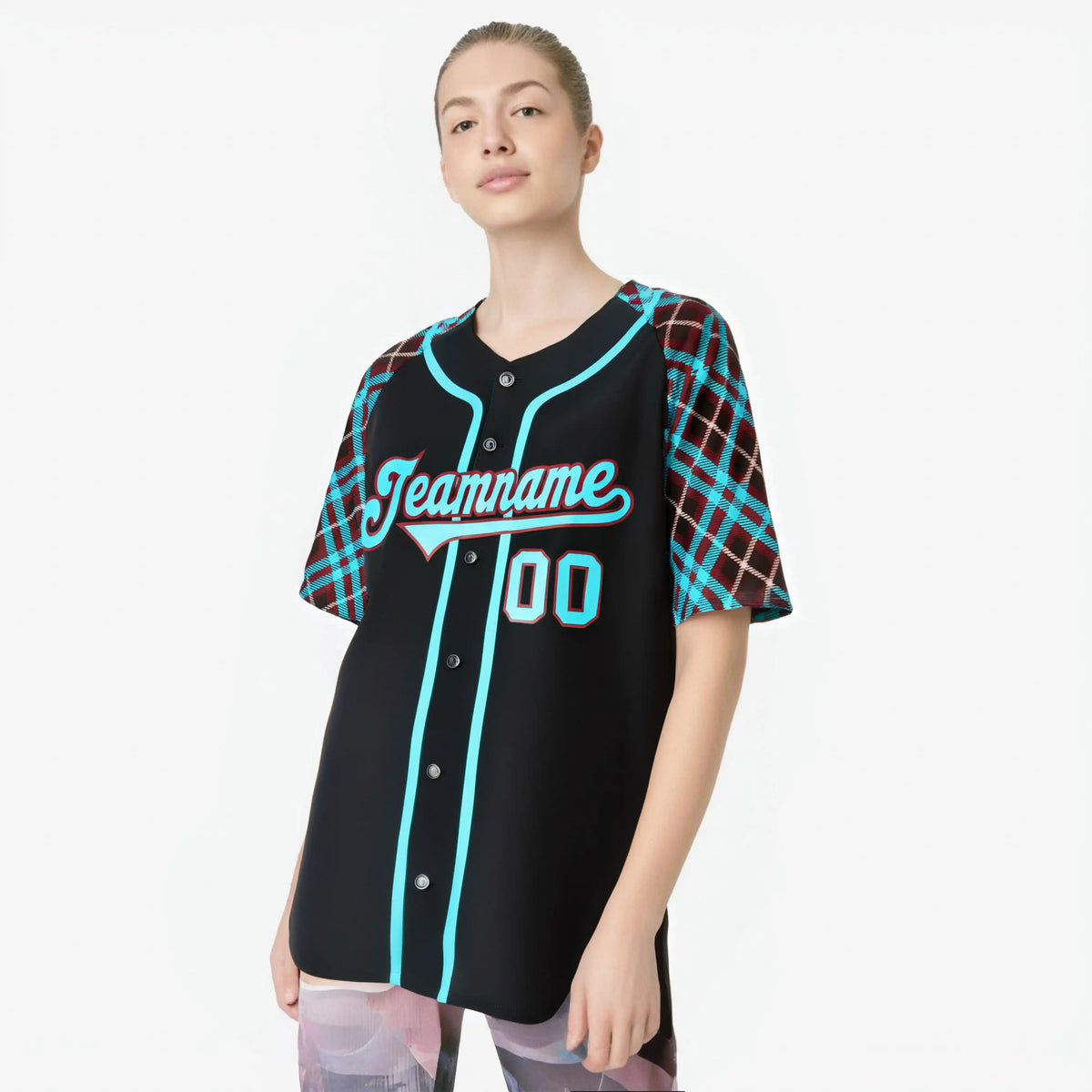 Custom Black Light-Blue Crimson Authentic Plaid sleeve Baseball Jersey