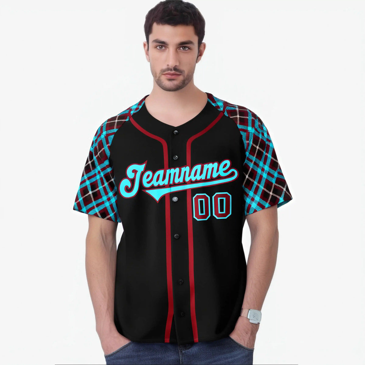 Custom Black Burgundy Light-Blue Authentic Plaid sleeve Baseball Jersey