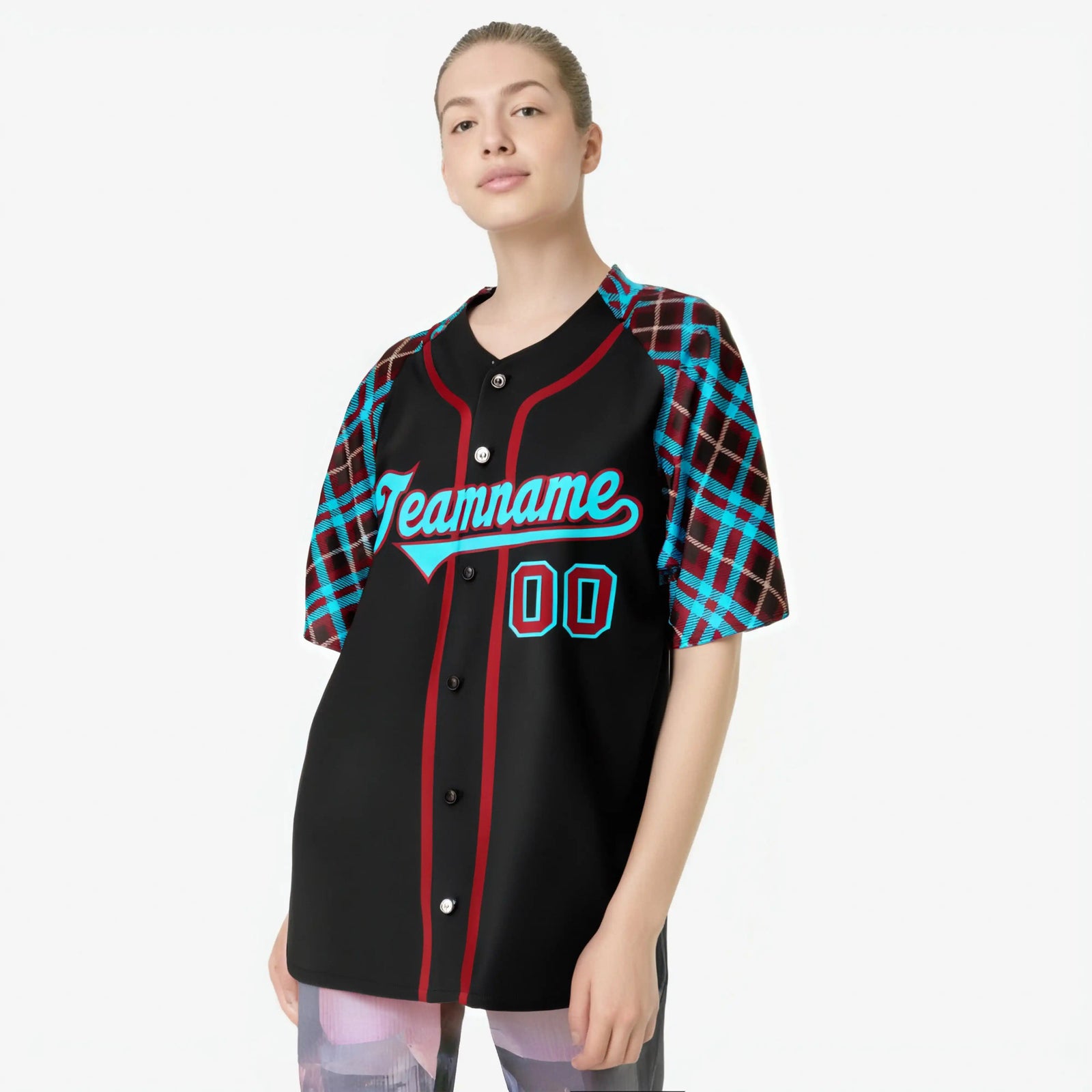 Custom Black Burgundy Light-Blue Authentic Plaid sleeve Baseball Jersey