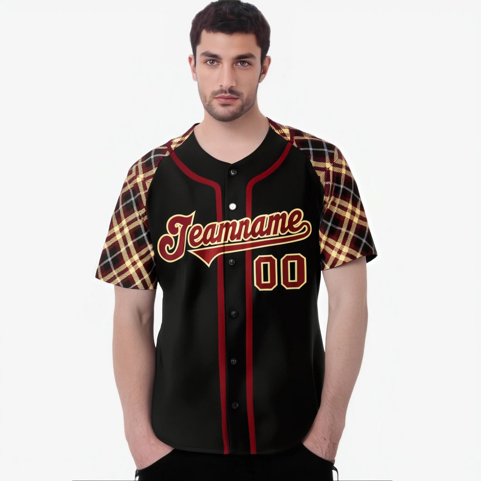Custom Black Burgundy Old-Gold Authentic Plaid sleeve Baseball Jersey