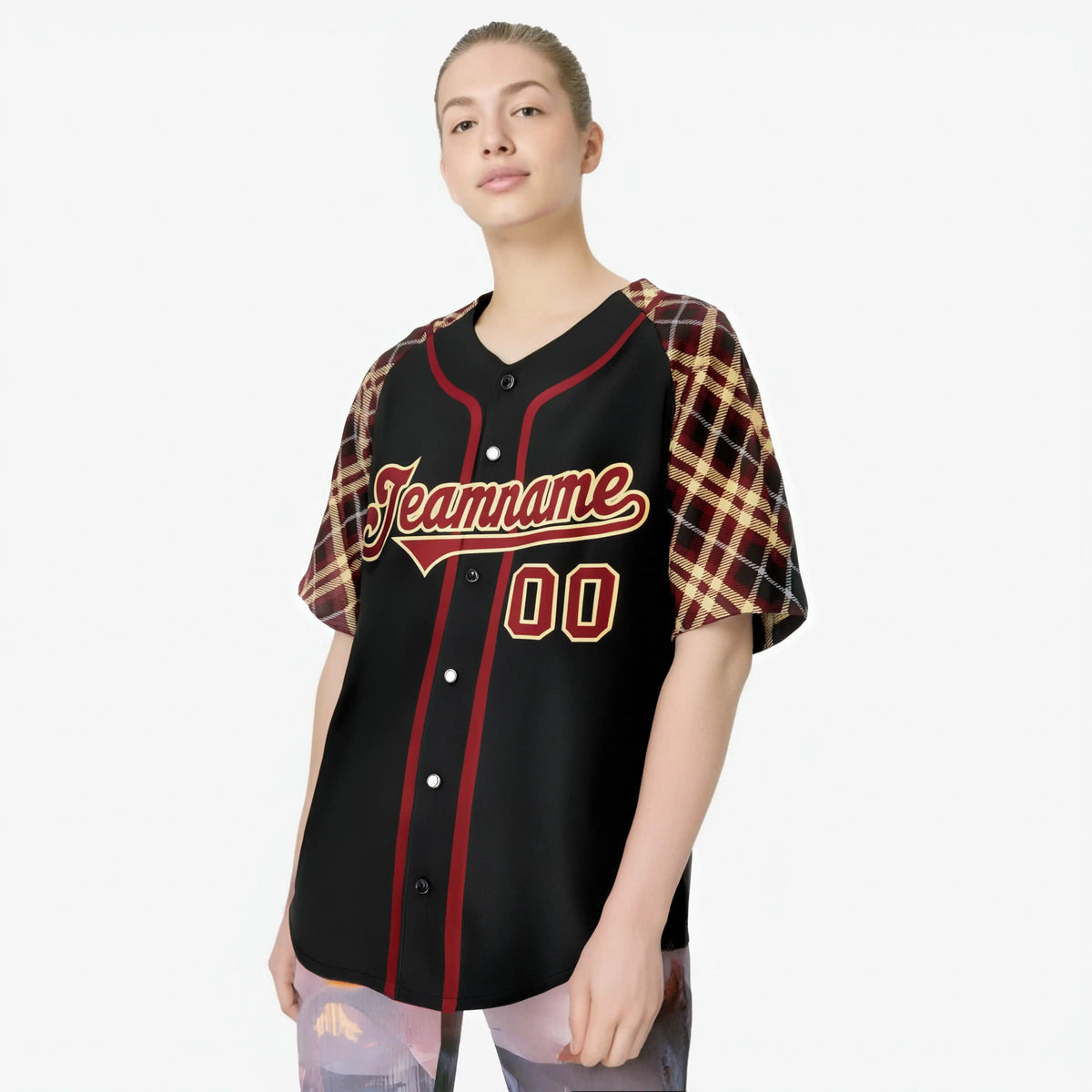 Custom Black Burgundy Old-Gold Authentic Plaid sleeve Baseball Jersey