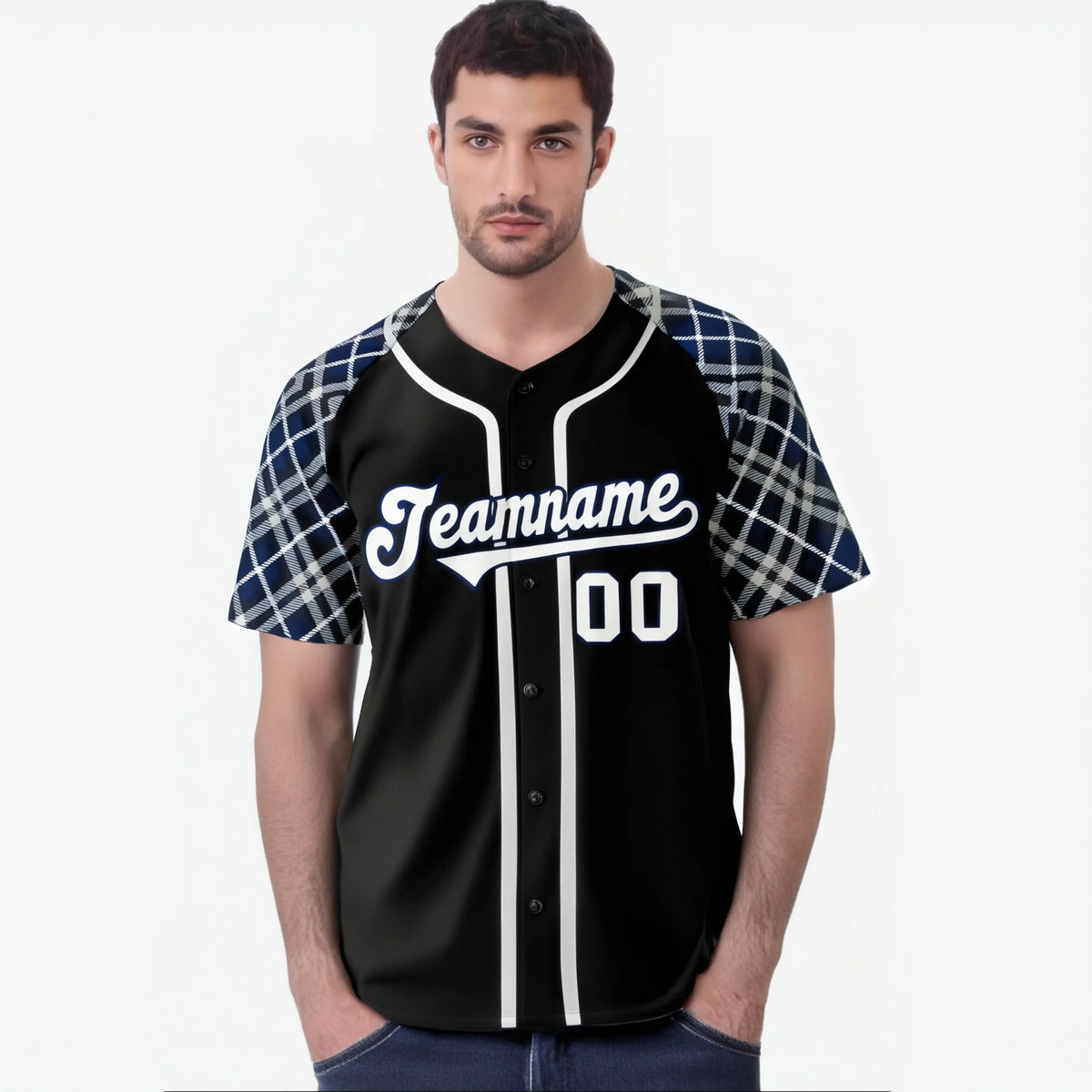 Custom Black Gray-Navy Authentic Plaid sleeve Baseball Jersey