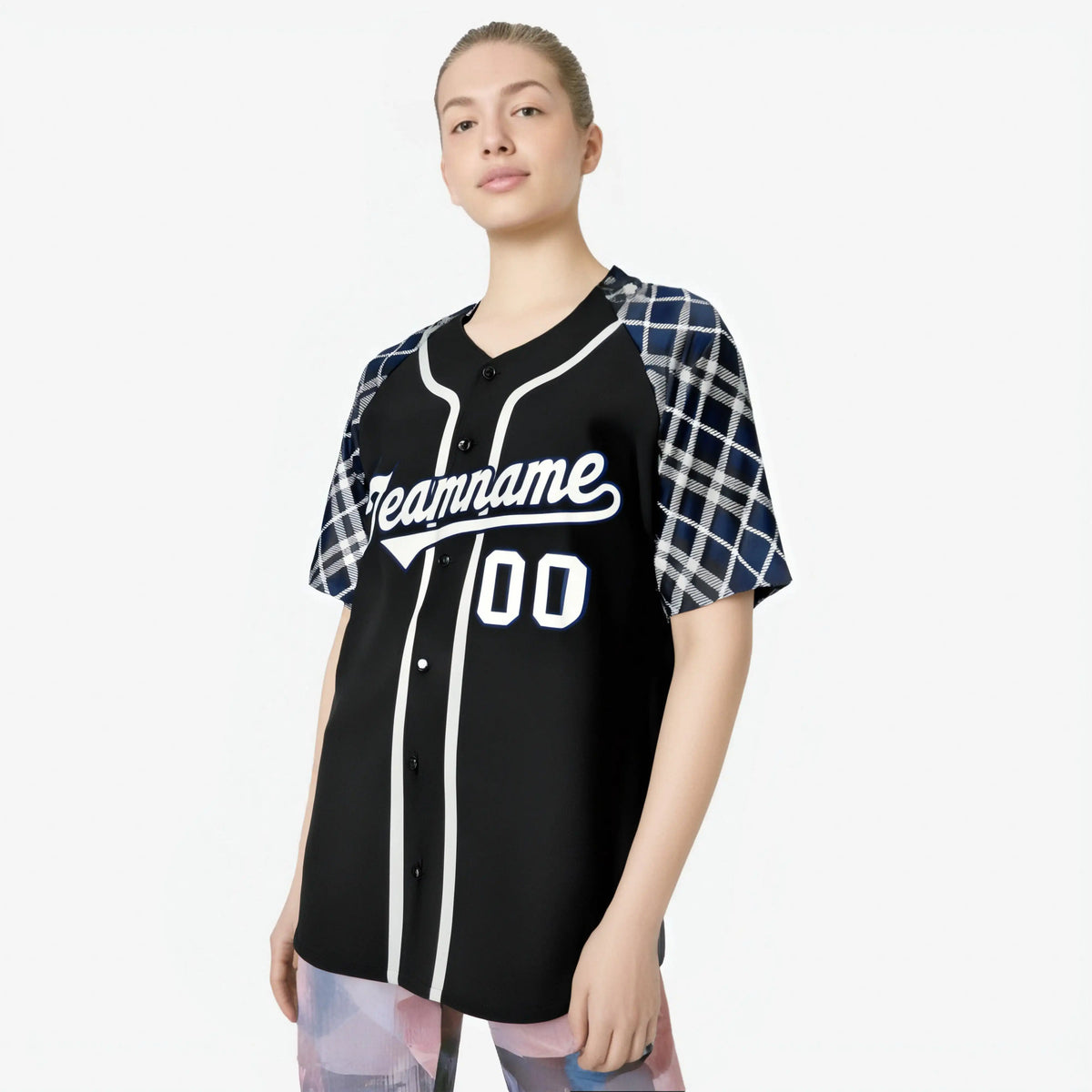 Custom Black Gray-Navy Authentic Plaid sleeve Baseball Jersey