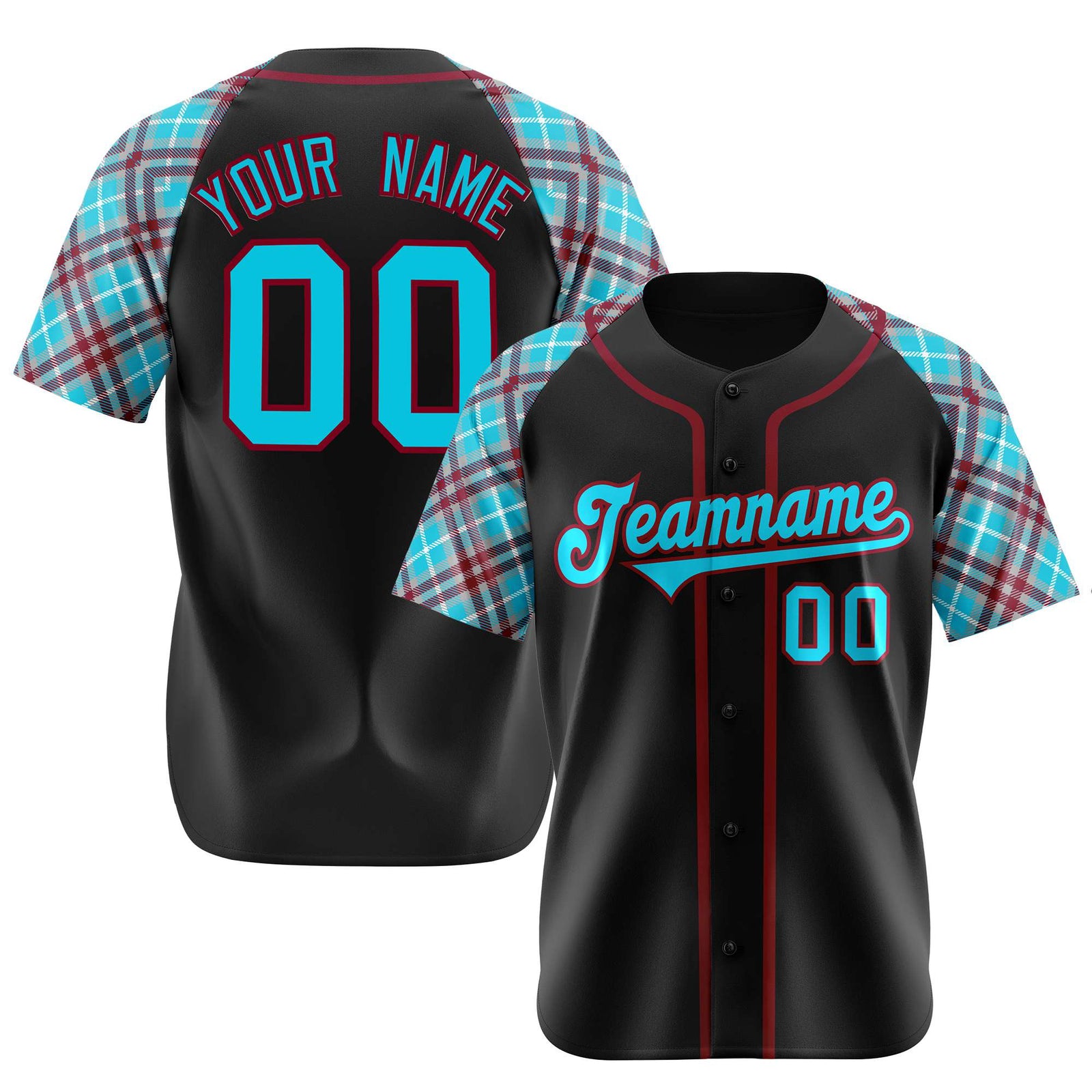 Custom Black Burgundy Light-Bule Authentic Plaid sleeve Baseball Jersey
