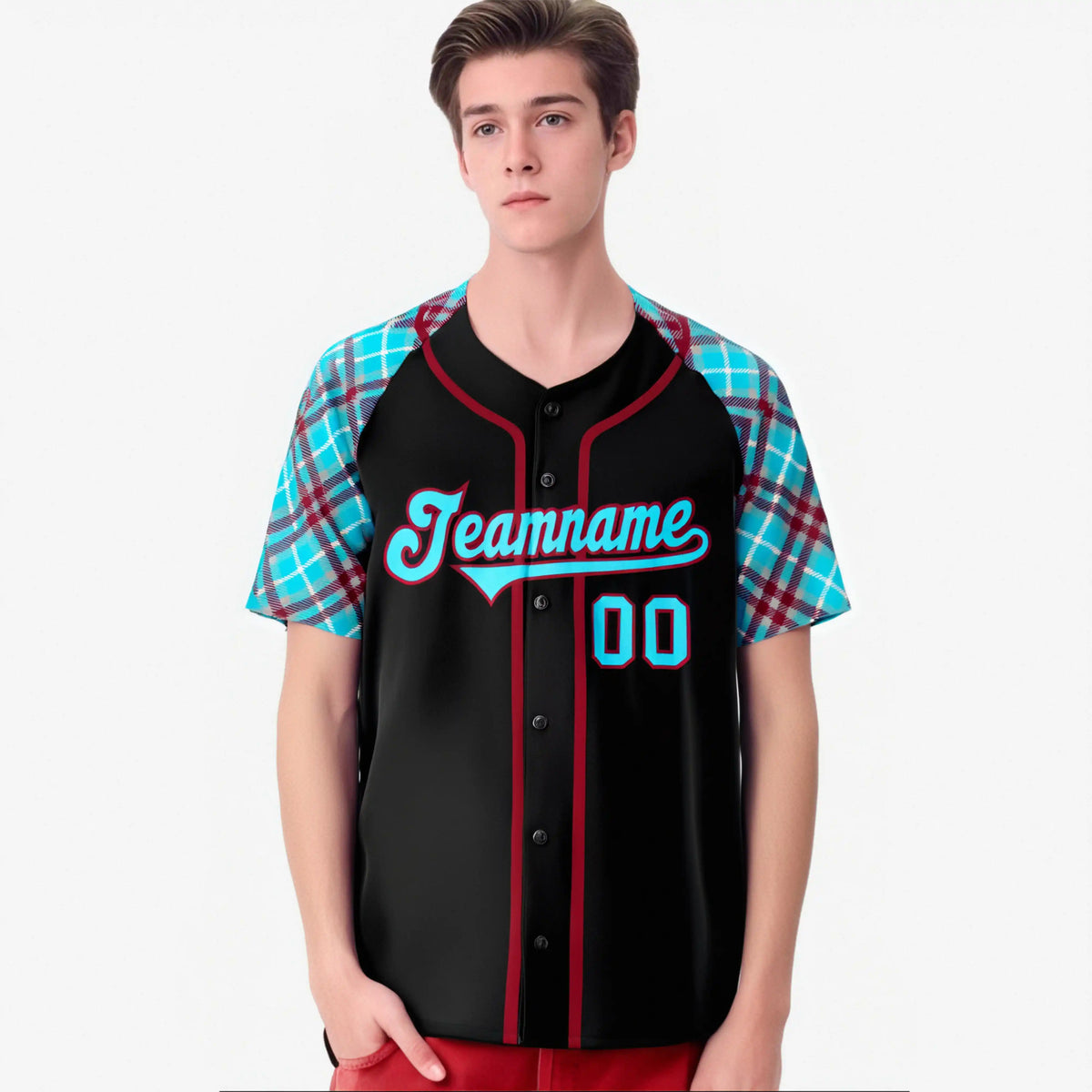 Custom Black Burgundy Light-Bule Authentic Plaid sleeve Baseball Jersey