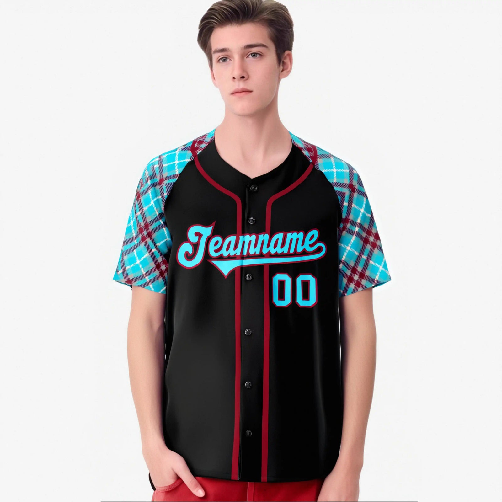 Custom Black Burgundy Light-Bule Authentic Plaid sleeve Baseball Jersey