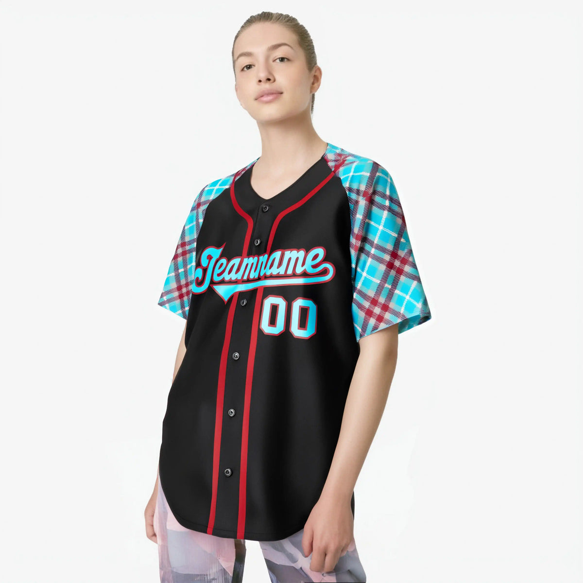 Custom Black Burgundy Light-Bule Authentic Plaid sleeve Baseball Jersey