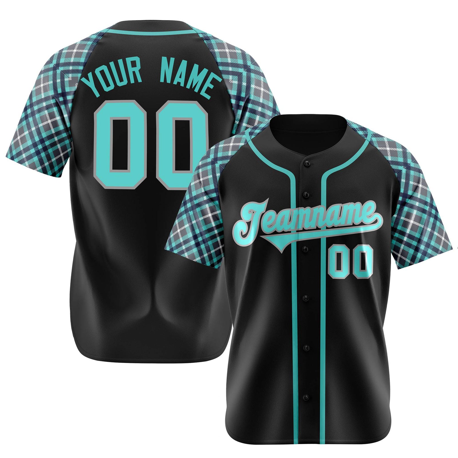 Custom Black Light-Bule Navy Authentic Plaid sleeve Baseball Jersey