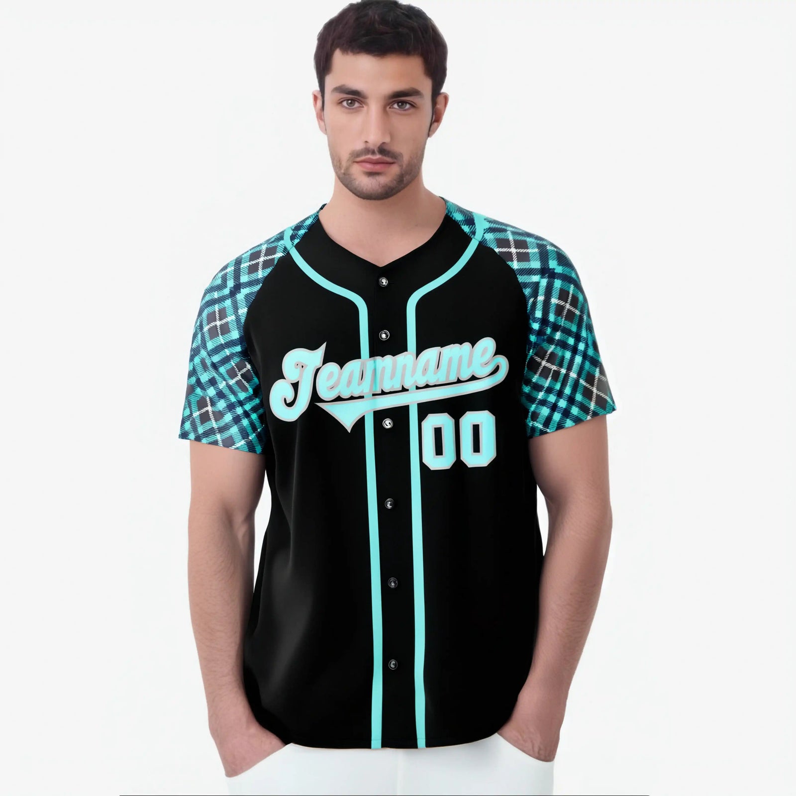 Custom Black Light-Bule Navy Authentic Plaid sleeve Baseball Jersey
