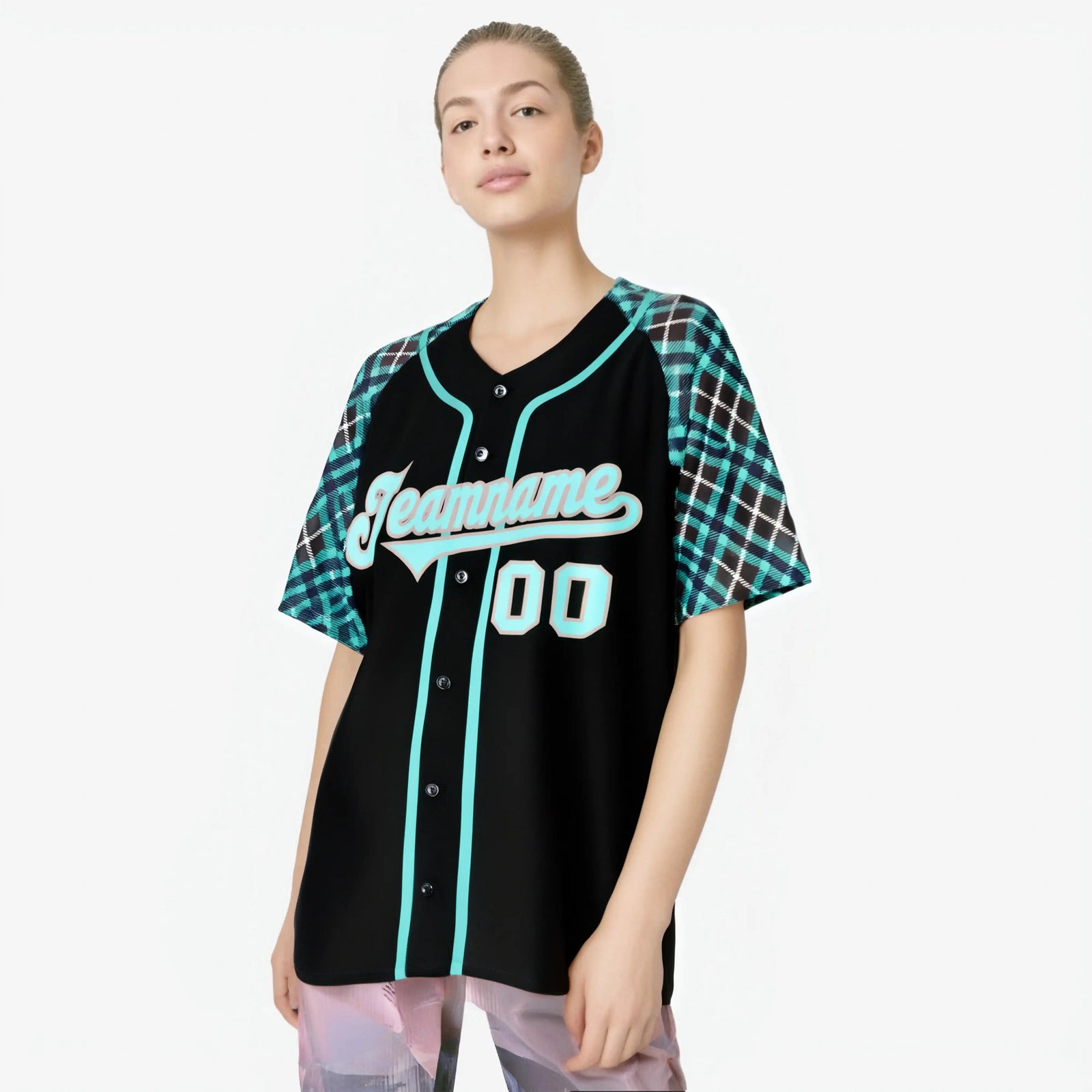 Custom Black Light-Bule Navy Authentic Plaid sleeve Baseball Jersey