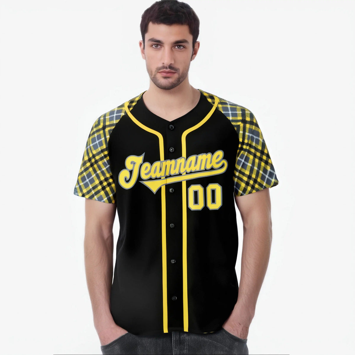 Custom Black Yellow-Gray Authentic Plaid sleeve Baseball Jersey