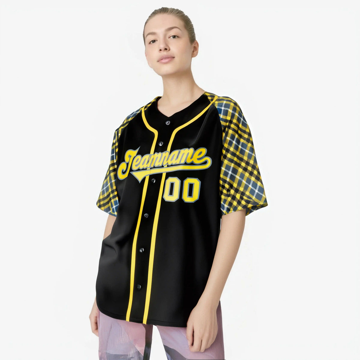 Custom Black Yellow-Gray Authentic Plaid sleeve Baseball Jersey