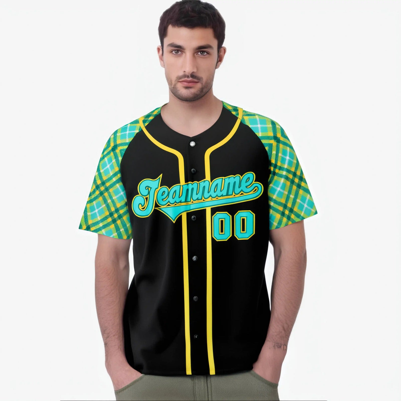 Custom Black Yellow Light-Bule Authentic Plaid sleeve Baseball Jersey